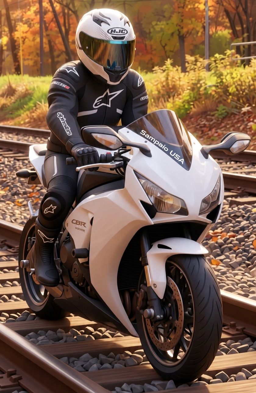 Sam in black riding leathers and a white HJC helmet on his white Honda CBR with Sampaio USA on the windscreen, parked on railroad tracks with autumn trees behind
