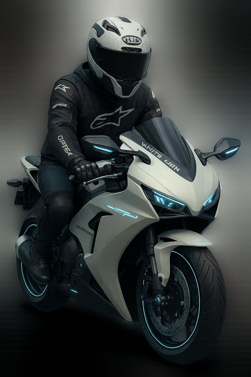 Sam in black riding gear and a white HJC helmet on his white Honda CBR with blue accent lights