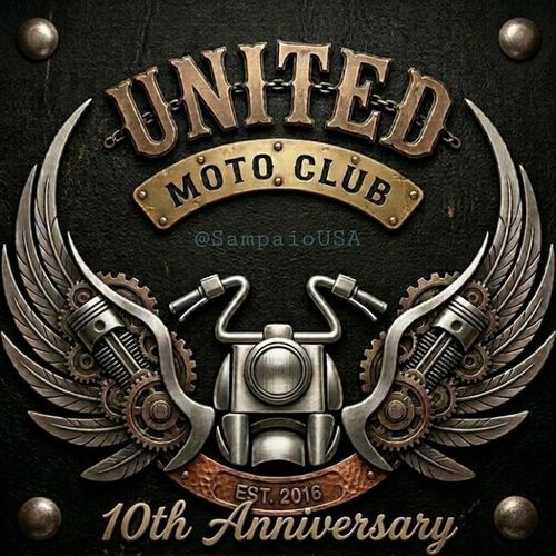 United Moto Club 3D mechanical logo: metal wings, pistons and gears around a motorcycle, Est. 2016, 10th Anniversary