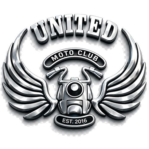 United Moto Club 3D chrome logo: polished metal wings around a motorcycle, Moto Club, Est. 2016