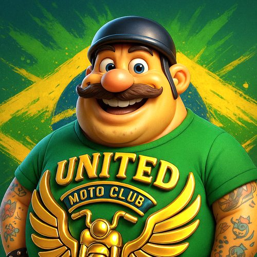 United Moto Club mascot: a smiling cartoon biker with a mustache, helmet and tattoos in a green United Moto Club Est. 2016 shirt, in front of the Brazilian flag