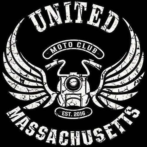 United Moto Club Massachusetts logo: distressed white winged motorcycle with United, Moto Club, Est. 2016 and Massachusetts