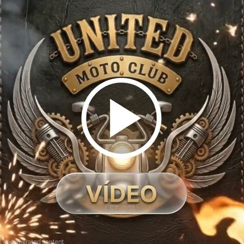 United Moto Club video intro: gold United Moto Club logo with steel wings, pistons and gears on black leather, with a play button and the word Video